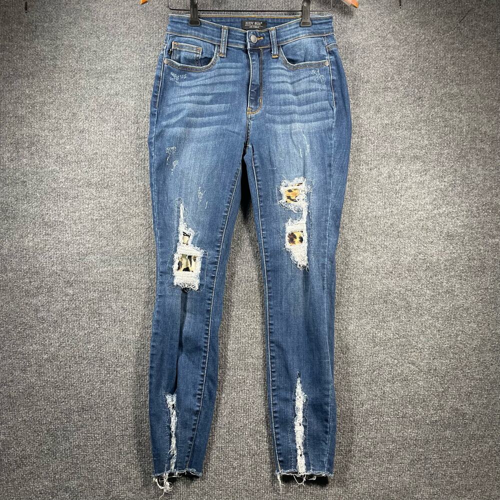 Judy Blue Leopard Patch Skinny Fit Jeans Women's 5/27 Blue Raw Hem Stretch